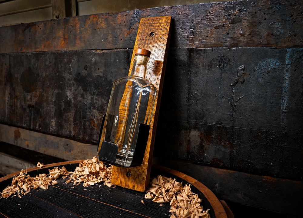 Standing barrel stave with a cradle holding a whiskey bottle