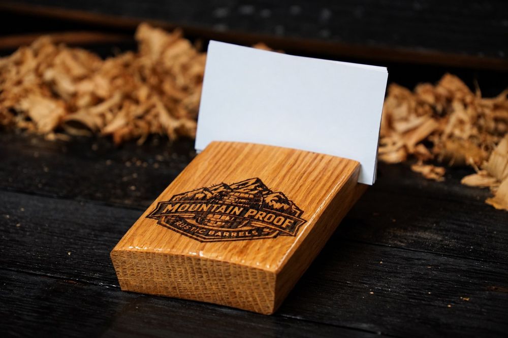 Business card holder cut from a barrel stave